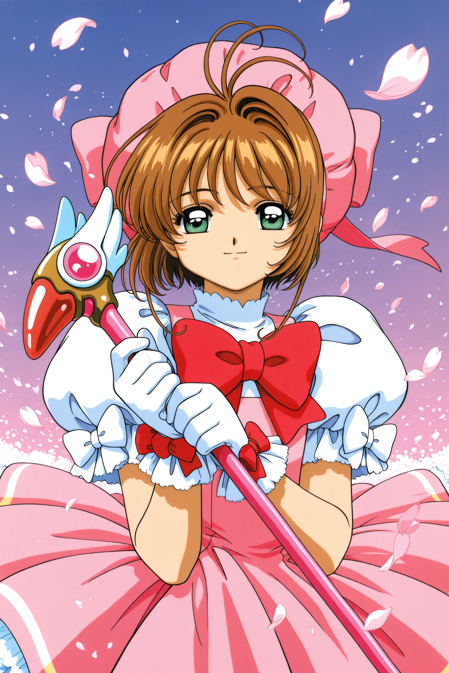 43068-1419461515-Anime Style,1girl,kinomoto sakura,solo,gloves,brown hair,hat,white gloves,dress,magical girl,green eyes,fuuin no tsue,wand,1990s.png